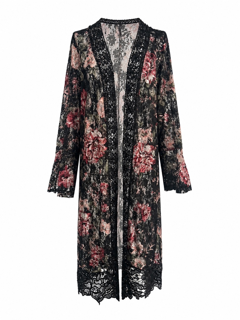 Floral Lace Long Kimono Robe Cardigan Cover Up - Black & Rose Sz M